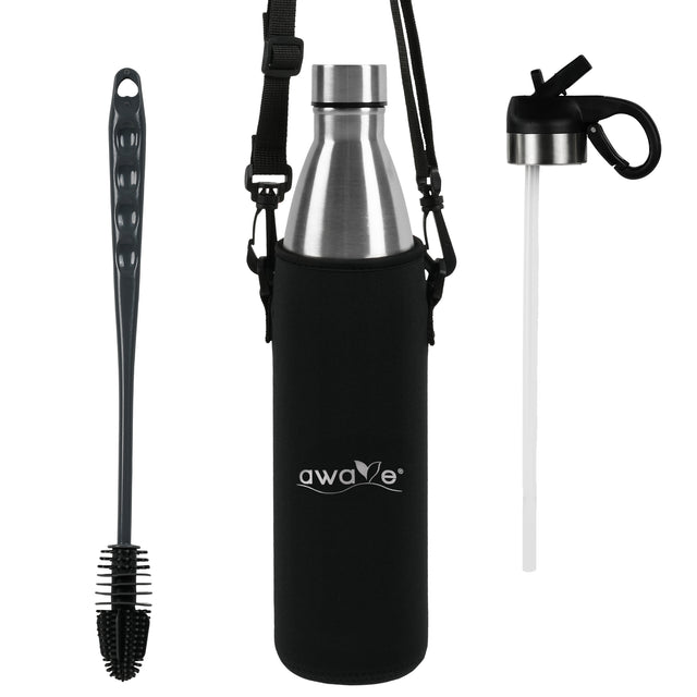 AWAVE® Thermo Trinkflaschen-Set, aus recyceltem Edelstahl, 750 ml, mit Accessoires