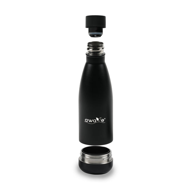 AWAVE® Thermo drinking bottle, recycled stainless steel, 350 ml, with accessories, black